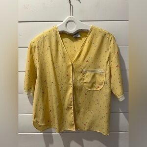 Vintage LINDA BIS – Yellow Floral Button-Front Top – Size S/P